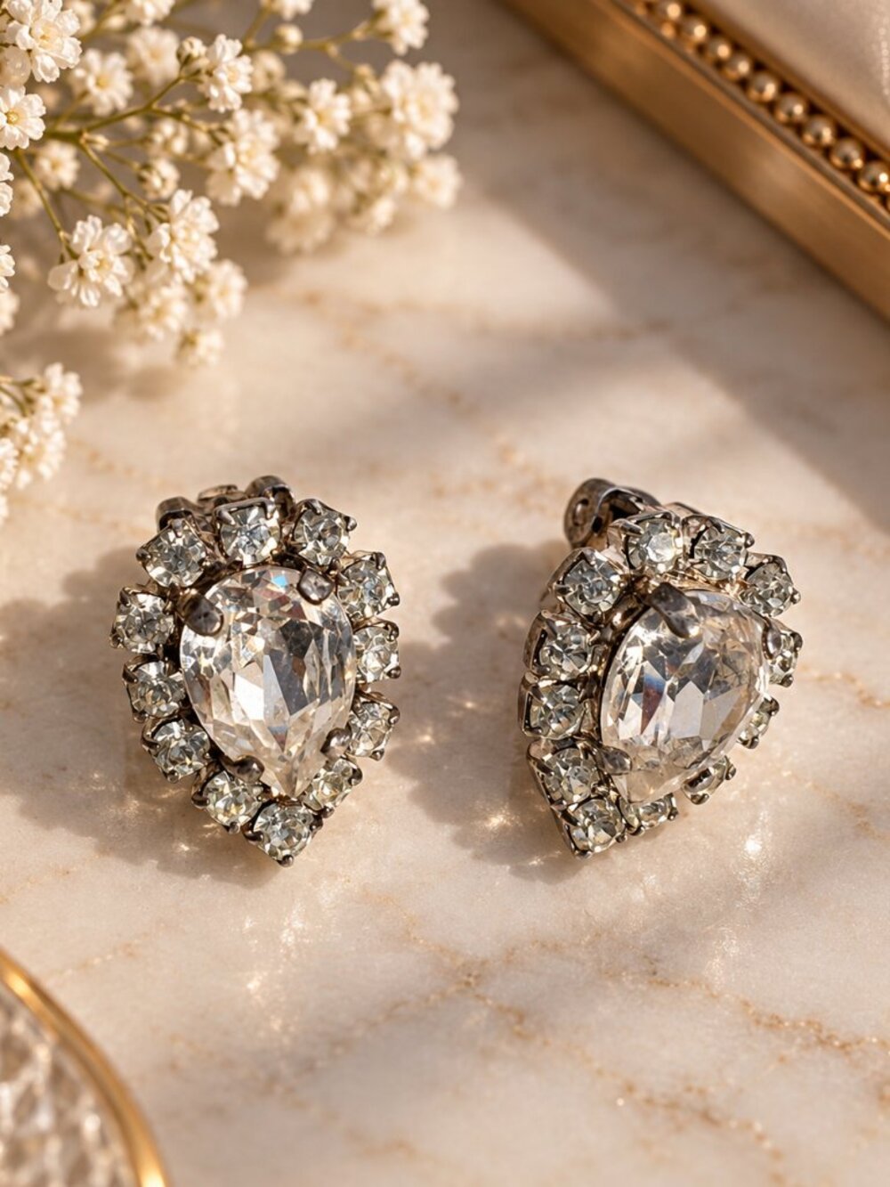 Vintage Teardrop Rhinestone & Ruby Red Cluster Clip-On Earrings Lot